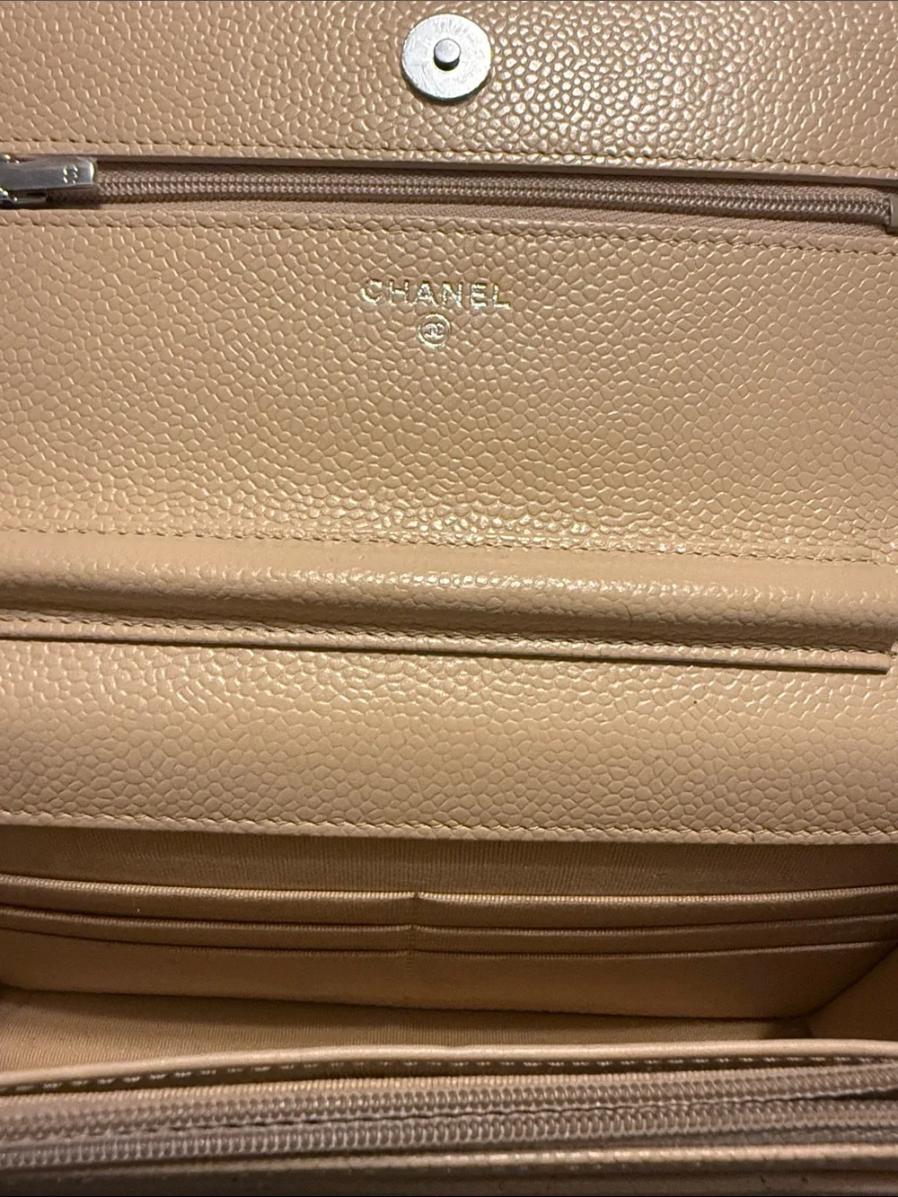 CHANEL Beige Quilted Caviar Wallet on Chain with Silver CC
